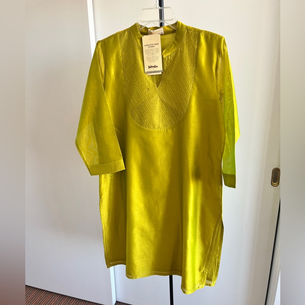 NWT FabIndia Silk Chanderi Kurta Dress Gold Lime 🍋‍🟩 Yellow Lined Wedding Sz L